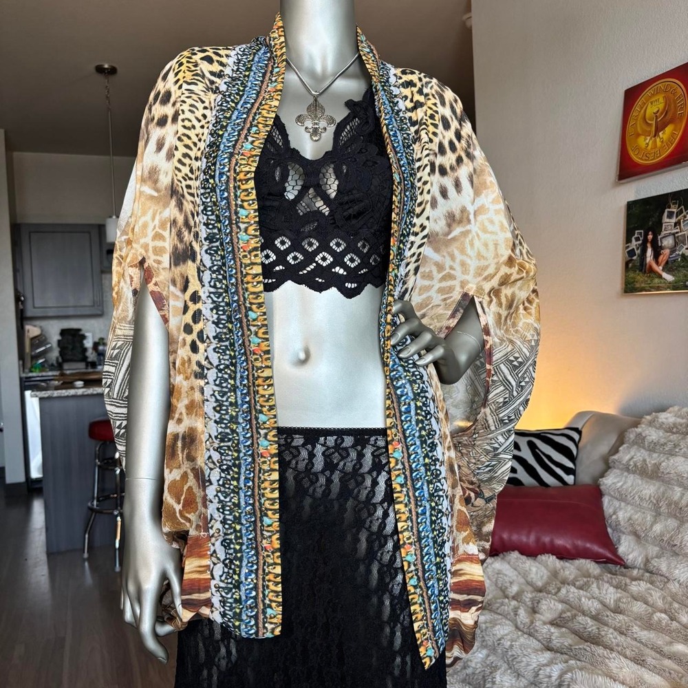 Dazzling Silk Animal Print Kimono Boho Open Front Cover Up One Size 🐆